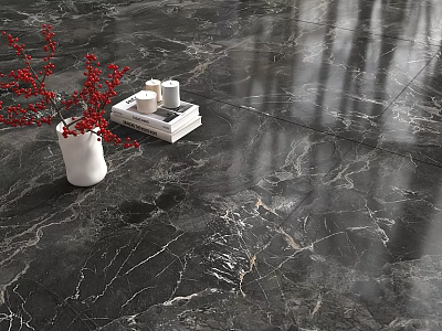 Dark Marble Floor Tiles with Red Berries in White Vase and Stacked Books 3d model