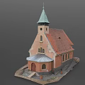 Rural Church Building With Orange Walls Red Tiled Roof Green Steeple And Arched Windows