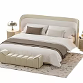 Modern Double Bed with Upholstered Headboard Bedside Tables Silver Lamps Beige Bench and Patterned Rug