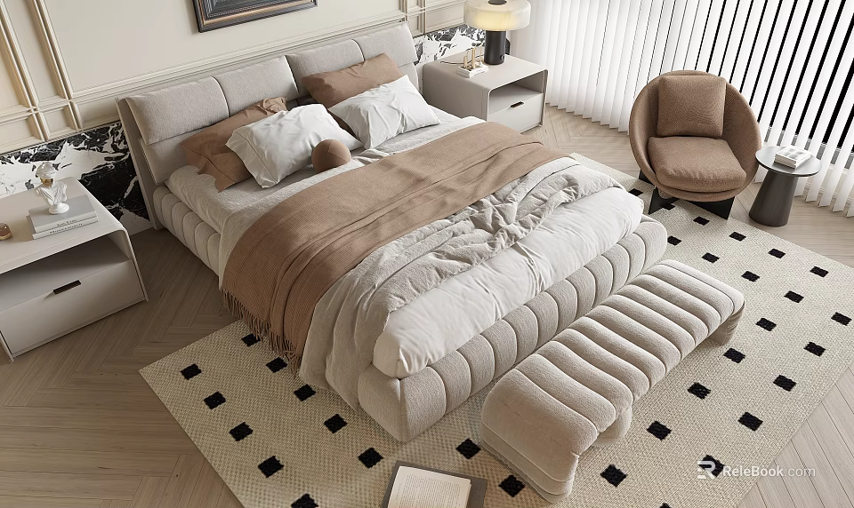 Cozy Modern Double Bed With Soft Pillows Blanket Bedside Table Lamp Chair Rug And Bench 3d model 