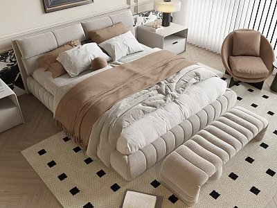 Cozy Modern Double Bed With Soft Pillows Blanket Bedside Table Lamp Chair Rug And Bench 3d model