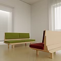 Red Padded Two Seater Sofa With Wooden Frame In Bright Room With White Curtains