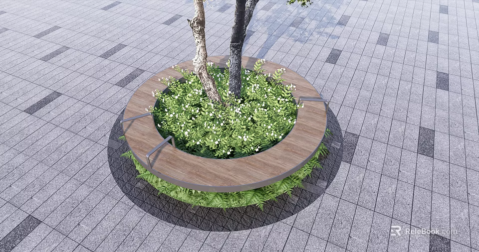 Circular Tree Pit With Wooden Bench And Green Plants On Gray Paved Ground 3d model 