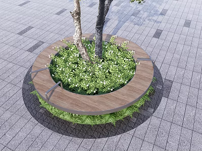 Circular Tree Pit With Wooden Bench And Green Plants On Gray Paved Ground 3d model