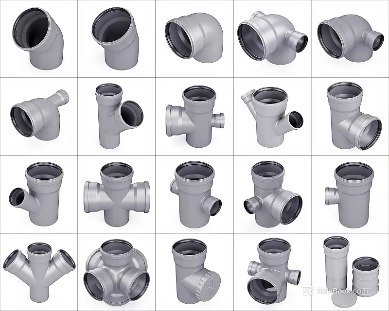 Different Types of Gray Plumbing Pipe Fittings Including Elbows Tees and Couplings 3d model 