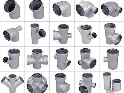 Different Types of Gray Plumbing Pipe Fittings Including Elbows Tees and Couplings 3d model