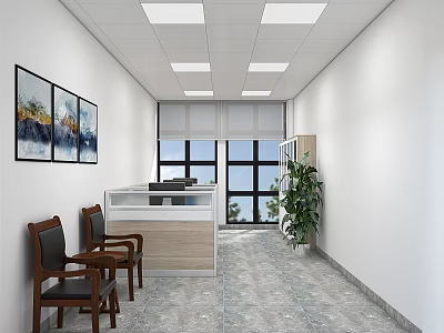 Office Interior With White Walls Square Ceiling Lights Three Paintings Reception Desk And Green Plant 3d model
