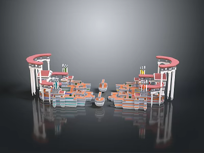 3D Model Commercial Building with Curved Tops Multiple Stalls Red Orange Blue White Symmetrical Layout 3d model