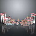 3D Model Commercial Building with Curved Tops Multiple Stalls Red Orange Blue White Symmetrical Layout