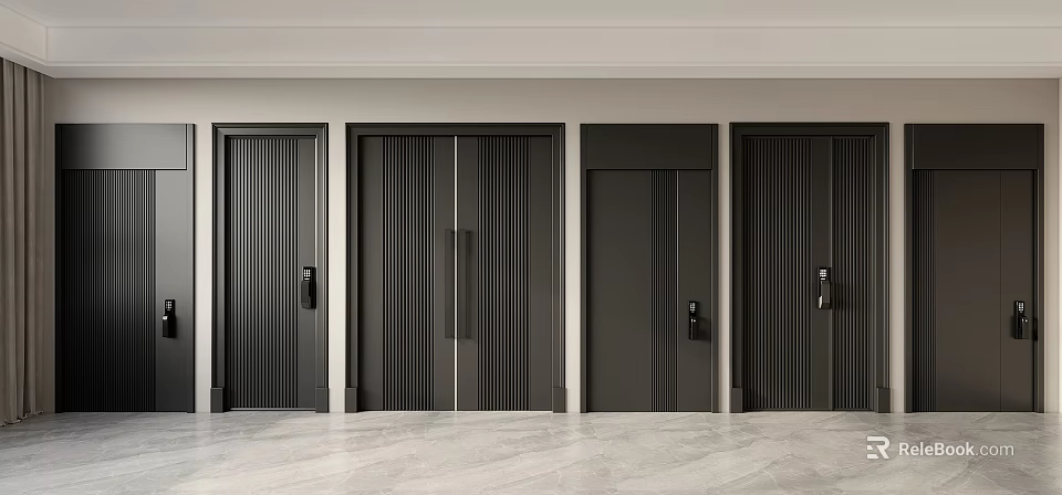 Modern Black Security Doors With Vertical Stripe Design And Handle Details 3d model