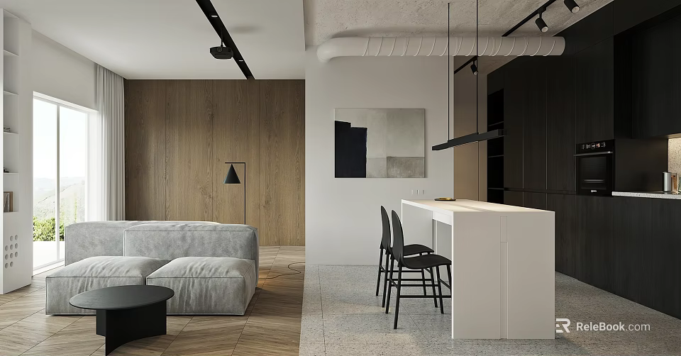 Modern Apartment Interior With Sofa Wooden Wall White Counter And Black Chairs 3d model 