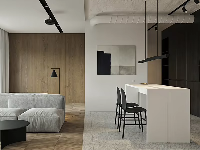 Modern Apartment Interior With Sofa Wooden Wall White Counter And Black Chairs 3d model