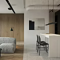Modern Apartment Interior With Sofa Wooden Wall White Counter And Black Chairs