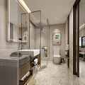 Modern Hotel Room Interior With Flat Screen TV Decorative Carpet And Wooden Cabinets