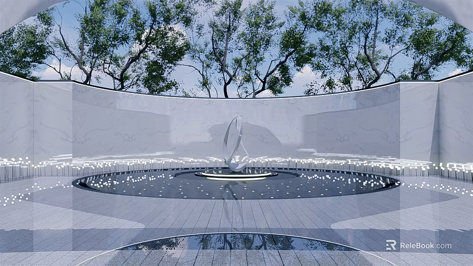 Circular Metal Sculpture In Open Space With Water Pool Gray Floor And Trees Background 3d model 