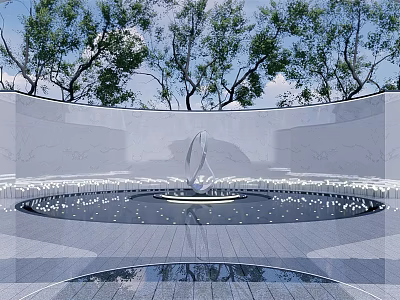 Circular Metal Sculpture In Open Space With Water Pool Gray Floor And Trees Background 3d model