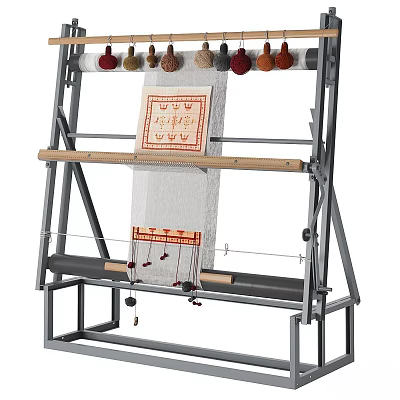 Industrial Weaving Loom with Metal Frame and Colored Yarns for Patterned Fabric Production 3d model