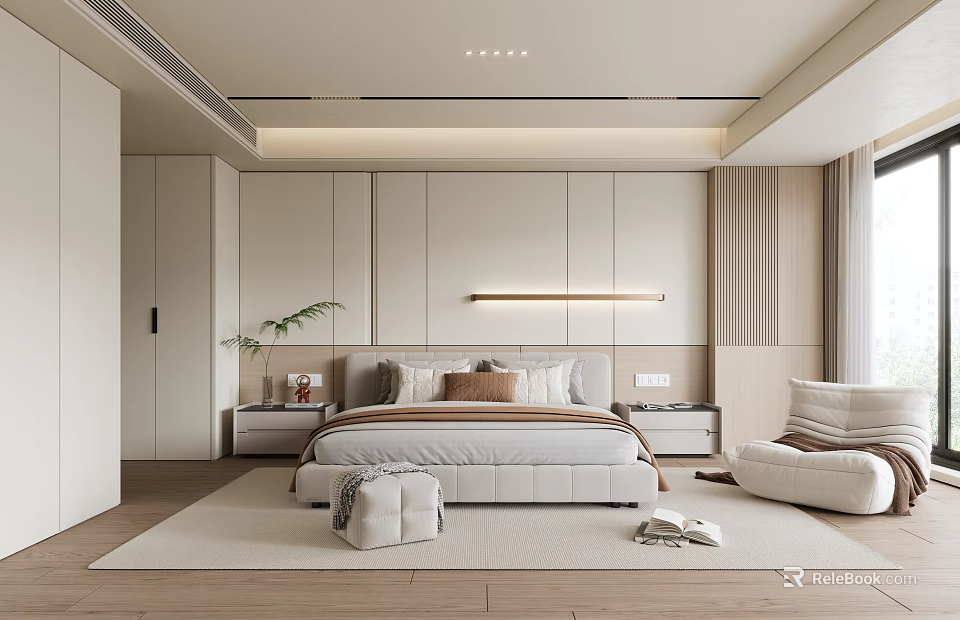 Modern Minimalist Bedroom Interior With Bed Pillows Wardrobes And Wooden Floor 3d model 
