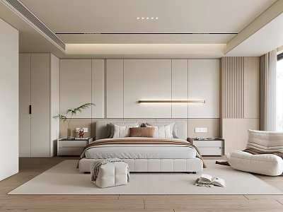 Modern Minimalist Bedroom Interior With Bed Pillows Wardrobes And Wooden Floor 3d model