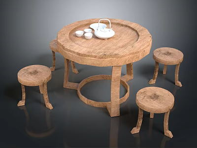 Rustic Wooden Round Table Set With Matching Stools Teapot And Cups On Top 3d model