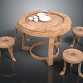 Rustic Wooden Round Table Set With Matching Stools Teapot And Cups On Top
