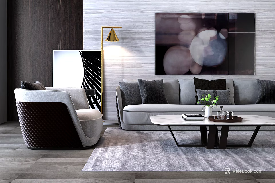 Modern Sofa and Coffee Table Set With Gray Upholstery Dark Cushions and Abstract Wall Art 3d model 
