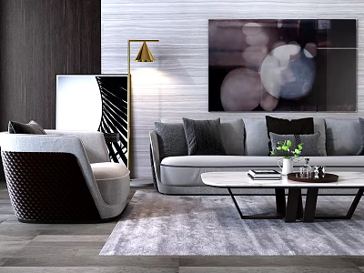 Modern Sofa and Coffee Table Set With Gray Upholstery Dark Cushions and Abstract Wall Art 3d model