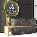 Modern Luxury Reception Desk With Marble Countertop Green Plants Circular Logo And Gray Wall Decor