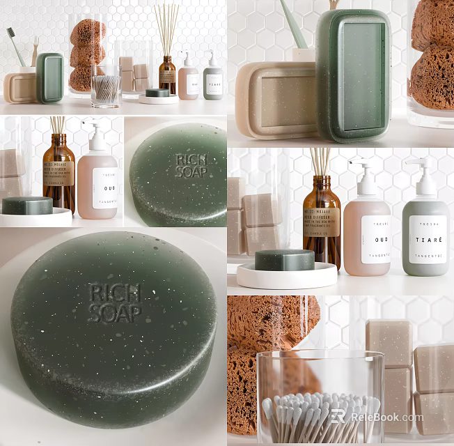 Elegant Bathroom Accessories With Rich Soap Bottles Trays And Sponges In Neutral Colors 3d model 