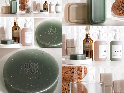 Elegant Bathroom Accessories With Rich Soap Bottles Trays And Sponges In Neutral Colors 3d model