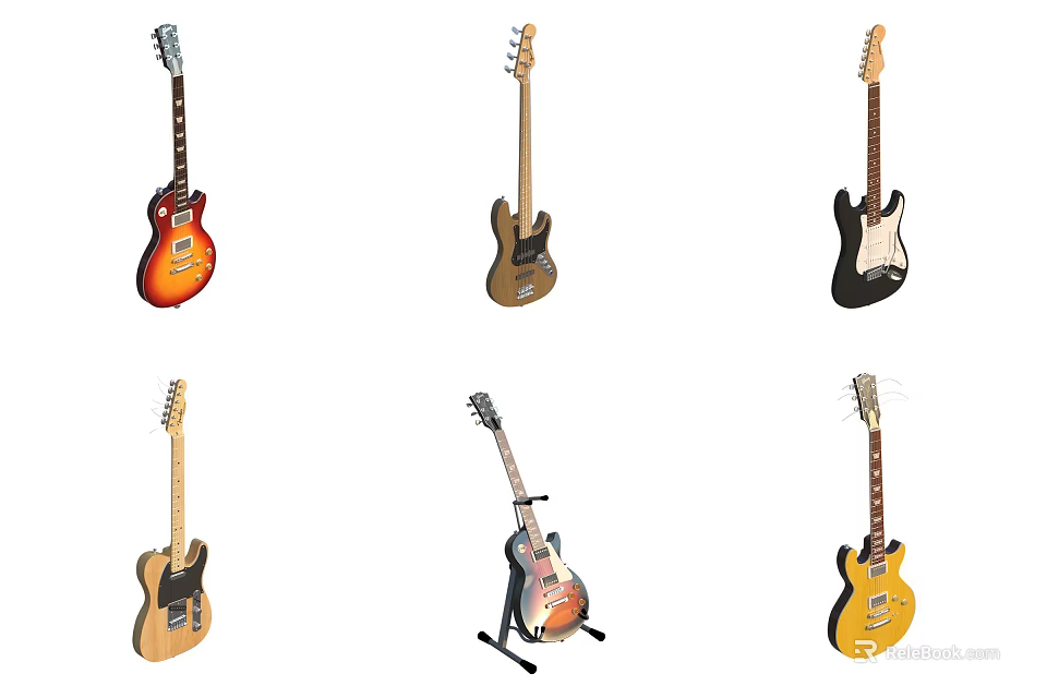 Musical Instruments Guitars Collection With Various Styles Colors And Classic Designs 3d model