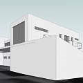 Modern White Office Building With Large Glass Windows And Exterior Staircase