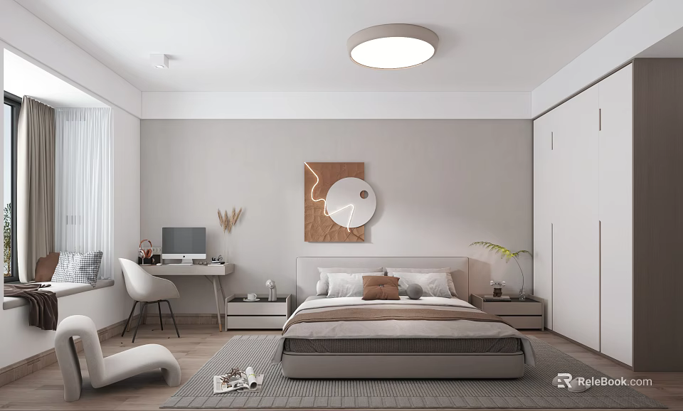 Modern Minimalist Bedroom Interior With Bed Desk Computer Gray Rug Wardrobe And Round Ceiling Light 3d model 