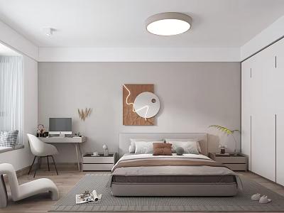 Modern Minimalist Bedroom Interior With Bed Desk Computer Gray Rug Wardrobe And Round Ceiling Light 3d model
