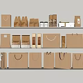 Household Items Including Kraft Paper Bags And Packaging Boxes On White Shelves Various Sizes Shapes