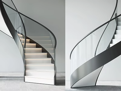 Modern Minimalist Spiral Staircase Interior Design With Glass Railing Metal Frame White Steps 3d model