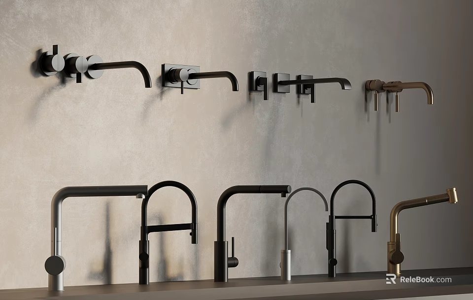 Modern Faucets in Various Styles with Black and Gold Colors Wall Mounted and Countertop 3d model 