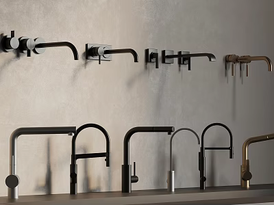Modern Faucets in Various Styles with Black and Gold Colors Wall Mounted and Countertop 3d model