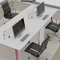 Modern Office Desk With Dual Computer Monitors Red Legs And Black Chairs