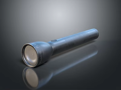 Black Flashlight With Metal Head And Textured Handle On Smooth Surface With Reflection 3d model