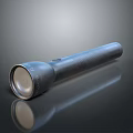Black Flashlight With Metal Head And Textured Handle On Smooth Surface With Reflection 3d model