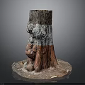 Decorative Tree Stump With White Red Sections And Small Mushrooms On Dirt Base