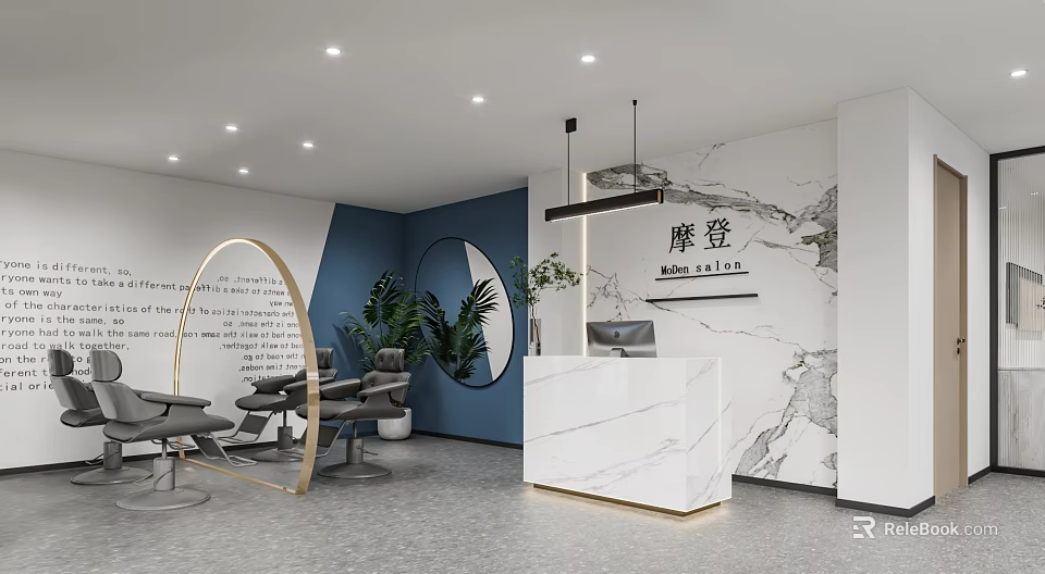 Modern Beauty Salon Interior Design With Marble Reception Desk Green Plants And Styling Chairs 3d model 