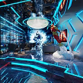 Modern Hotel Public Lounge Interior With Neon Lights Glass Walls And Sofas