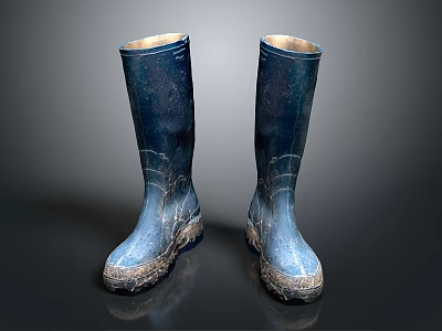 Blue Rain Boots With Worn Design And Mud On Soles On Dark Background 3d model