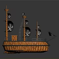 Vintage Pirate Ship As Water Transport With Orange Hull Black Skull Flags And Wooden Deck