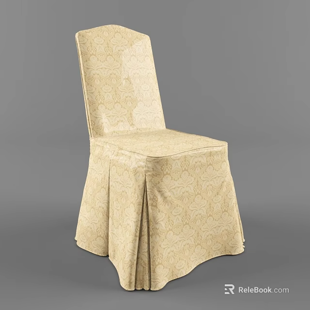 Beige Damask Pattern Upholstered Dining Chair With Elegant Skirted Design And Soft Cushion 3d model 
