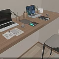 Wooden Work Desk With Two Laptops Tablet Open Notebook Pen Coffee Cup And Small Plants