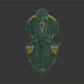 Green Decorative Shield with Intricate Patterns Gold Accents and Purple Gemstone Design
