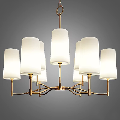 Modern Stylish Chandelier With Branching Arms Multiple White Cylindrical Shades And Golden Frame 3d model